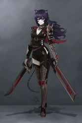 Rule 34 | 1girl, absurdres, animal ears, black hair, black sclera, blake belladonna, breasts, cat ears, cleaver, colored sclera, corruption, dark persona, dual wielding, evil, evil grin, evil smile, gambol shroud, gauntlets, gloves, grin, highres, holding, holding sword, holding weapon, kama (weapon), katana, long hair, looking at viewer, armored boots, papercroft, rwby, sickle, smile, solo, sword, tattoo, thighhighs, weapon, yellow eyes