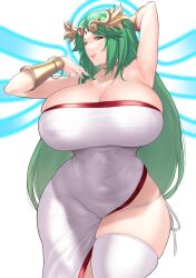 Rule 34 | 1girl, armpits, arms up, aster crowley, bare shoulders, belt, blush, breasts, buckler, cleavage, covered erect nipples, dress, green eyes, green hair, halo, highres, huge breasts, kid icarus, kid icarus uprising, long hair, looking at viewer, nintendo, palutena, parted bangs, pelvic curtain, sash, shield, single thighhigh, smile, solo, thighhighs, tiara, very long hair, white dress