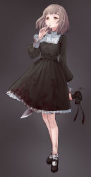 Rule 34 | 1girl, bad id, bad pixiv id, black dress, black footwear, black socks, blood, blood on clothes, bloody clothes, bloody dress, bloody weapon, blunt bangs, bob cut, bobby socks, brown eyes, brown hair, closed mouth, dress, frilled dress, frills, grey background, holding, holding knife, holding weapon, io (io oekaki), knife, kukri, mary janes, original, shoes, signature, smile, socks, solo, standing, weapon, yandere