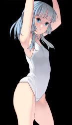 Rule 34 | 1girl, armpits, arms up, black background, blue eyes, blue hair, blunt bangs, breasts, cowboy shot, highres, kouno (masao), long hair, looking at viewer, one-piece swimsuit, original, profile, school swimsuit, small breasts, solo, swimsuit, white one-piece swimsuit, white school swimsuit