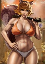 1girl absurdres animal_ears ass bikini breasts brown_hair covered_erect_nipples dandon_fuga freckles gluteal_fold green_eyes hand_on_own_hip highres large_breasts looking_at_viewer marvel marvel_rivals multicolored_clothes multicolored_swimsuit muscular muscular_female navel navel_piercing orange_bikini orange_hair over_shoulder piercing short_hair squirrel_ears squirrel_girl_(marvel) squirrel_tail swimsuit tail thighs weapon weapon_over_shoulder white_bikini