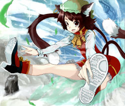Rule 34 | 1girl, animal ears, bad id, bad pixiv id, bell, brown eyes, brown hair, cat ears, cat girl, cat tail, chen, chinese clothes, earrings, female focus, foreshortening, hat, high heels, jewelry, jingle bell, jumping, long sleeves, multiple tails, shoes, short hair, siroiyuki, solo, tail, touhou