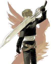 Rule 34 | 1boy, arm up, belt, black gloves, black jacket, black pants, blue eyes, brown belt, brown hair, commentary request, cropped jacket, dated commentary, final fantasy, final fantasy viii, fur-trimmed jacket, fur trim, gloves, gunblade, hinokami, holding, holding sword, holding weapon, jacket, long sleeves, looking to the side, male focus, midriff peek, multiple belts, over shoulder, pants, shirt, short hair, solo, squall leonhart, studded belt, sword, sword over shoulder, thigh strap, upper body, weapon, weapon over shoulder, white fur, white shirt