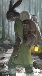Rule 34 | 1boy, absurdres, amaurot moyu shimin, animal ears, backpack, bag, black hair, bush, chinese commentary, coat, commentary request, dark-skinned male, dark skin, erenville, feet out of frame, final fantasy, final fantasy xiv, forest, fringe trim, green coat, highres, lantern, legs apart, looking at viewer, looking back, male focus, nature, outdoors, parted lips, rabbit ears, rock, shoes, unworn shoes, short hair, solo, stream, tree, vambraces, viera, wading, water, weibo logo, weibo watermark, yellow eyes
