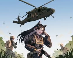 Rule 34 | 1girl, 2boys, absurdres, aircraft, animal ears, assault rifle, atago (azur lane), azur lane, blue sky, brown hair, bulletproof vest, commission, day, floating hair, gar32, grey choker, gun, hair ornament, helicopter, highres, holding, holding gun, holding weapon, long hair, long sleeves, multiple boys, open mouth, outdoors, rifle, sky, soldier, solo, tactical clothes, uh-60 blackhawk, weapon, weapon request