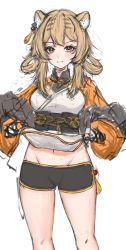 Rule 34 | 1girl, absurdres, animal ears, arknights, black shorts, breasts, brown eyes, clothes lift, du yaoye (arknights), ear piercing, feet out of frame, groin, hair rings, highres, lifting own clothes, light brown hair, long hair, long sleeves, midriff peek, navel, orange sleeves, piercing, shirt, shirt lift, short shorts, shorts, sidelocks, sketch, small breasts, smile, solo, standing, tiger ears, tiger girl, white shirt, yokaze kotoha