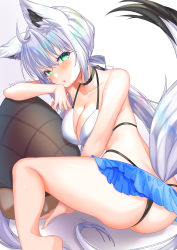 Rule 34 | 1girl, absurdres, ahoge, animal ears, artist name, ass, azur lane, bikini, bikini skirt, black choker, blue skirt, blush, braid, breasts, choker, collarbone, fox ears, fox girl, fox tail, green eyes, hair between eyes, highres, hololive, long hair, looking at viewer, looking back, low ponytail, medium breasts, microskirt, ponytail, shirakami fubuki, shirakami fubuki (beachside fox), sitting, skirt, solo, swimsuit, tail, teltelhousi, thong bikini, virtual youtuber, white hair