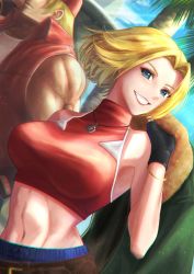 Rule 34 | 1boy, 1girl, blonde hair, blue eyes, blue mary, breasts, highres, large breasts, midriff, navel, smile, snk, terry bogard, the king of fighters