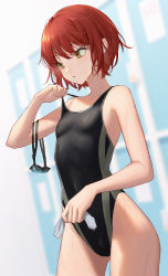 Rule 34 | 1girl, absurdres, adjusting clothes, adjusting swimsuit, bare shoulders, blurry, breasts, collarbone, commentary request, competition swimsuit, cowboy shot, depth of field, goggles around arm, hair between eyes, highleg, highres, jfjf, one-piece swimsuit, open mouth, original, red hair, short hair, small breasts, solo, standing, swimsuit, wet, yellow eyes