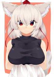 Rule 34 | 1girl, absurdres, animal ears, bad id, bad twitter id, bare shoulders, black shirt, crossed bangs, hair between eyes, hat, highres, inubashiri momiji, looking at viewer, red eyes, shirokaba114, shirt, short hair, simple background, solo, tail, tank top, taut clothes, taut shirt, tokin hat, touhou, wavy mouth, white hair, wolf ears, wolf girl, wolf tail