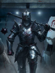 Rule 34 | 1boy, armor, armored boots, blood, bloody weapon, boots, concrete, gauntlets, helmet, holding, holding flail, holding weapon, knight, looking at viewer, original, outdoors, pauldrons, semideus, shadow, shoulder armor, solo, weapon
