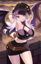 Rule 34 | 1girl, :q, absurdres, arm behind head, armpits, bare shoulders, bat wings, belt, black/matrix, black hat, black skirt, black wings, breasts, bright pupils, brown belt, character request, closed mouth, commission, copyright request, falken (yutozin), hat, highres, large breasts, long hair, luca (black/matrix), midriff, navel, outdoors, pixiv commission, red eyes, skirt, smile, solo, standing, thighs, tongue, tongue out, white hair, white pupils, wings
