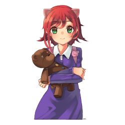 Rule 34 | 1girl, animal ears, annie (league of legends), backpack, bag, blush, crossed arms, fake animal ears, green eyes, league of legends, looking at viewer, nellen, red hair, short hair, simple background, smile, stuffed animal, stuffed toy, teddy bear, tibbers, white background