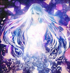 Rule 34 | 1girl, blue eyes, blurry, bokeh, depth of field, dress, expressionless, floating hair, long hair, looking at viewer, original, outstretched arm, outstretched hand, sakimori (hououbds), solo, white dress, white hair