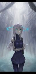 Rule 34 | 1girl, blame!, blue eyes, blunt bangs, bodysuit, breasts, cibo, closed mouth, cyborg, joints, letterboxed, long hair, looking at viewer, mechanical arms, pale skin, robot joints, solo, tunguu, white hair