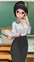 Rule 34 | 1girl, adjusting eyewear, bespectacled, black-framed eyewear, black eyes, black hair, black skirt, blunt bangs, blurry, blurry background, blush, bottle, chalkboard, chito (kehotank), classroom, commentary, depth of field, desk, dress shirt, glasses, hairband, head tilt, high-waist skirt, highres, holding, holding bottle, indoors, jewelry, long sleeves, looking at viewer, medium skirt, necklace, open mouth, original, outline, pencil skirt, personification, purple hairband, school desk, shirt, skirt, solo, soumu (kehotank), standing, teacher, type 4 chi-to (personification), white outline, white shirt, wing collar