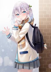 Rule 34 | 1girl, :t, backpack, bag, bag charm, baozi, blue eyes, blue sweater, blush, brick wall, brown scarf, charm (object), closed mouth, commentary request, eating, flower, food, fringe trim, from side, grey hair, grey skirt, hair between eyes, hair flower, hair ornament, hands up, highres, holding, holding food, jacket, lily of the valley, long sleeves, looking at viewer, looking to the side, notice lines, original, plaid, plaid scarf, pleated skirt, sakura hiyori, scarf, skirt, sleeves past wrists, solo, sweater, two side up, waving, white flower, white jacket