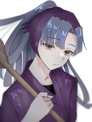 Rule 34 | 1boy, absurdres, ayabe kihachirou, blue hair, blue kimono, closed mouth, commentary, highres, japanese clothes, kimono, long hair, looking at viewer, male focus, multicolored hair, ponytail, purple hair, rakudai ninja rantarou, red eyes, simple background, solo, sparkle, tsukuno tsuki, two-tone hair, upper body, white background