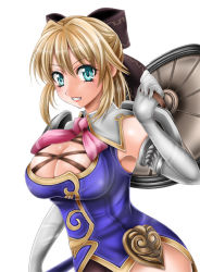 Rule 34 | 1041 (toshikazu), 1girl, blonde hair, blue eyes, bow, breasts, cassandra alexandra, cleavage, elbow gloves, gloves, grin, hair bow, looking at viewer, smile, solo, soul calibur, soulcalibur iv