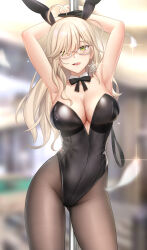 Rule 34 | 1girl, absurdres, ahoge, animal ears, armpits, arms up, bare arms, bare shoulders, besmiled, black bow, black leotard, blonde hair, blurry, blurry background, bound, bound wrists, bow, breasts, brown pantyhose, cleavage, collar, commentary request, depth of field, detached collar, fake animal ears, feathers, glasses, green eyes, groin, hair over one eye, highres, large breasts, leotard, long hair, missouri (warship girls r), pantyhose, playboy bunny, pole, rabbit ears, restrained, semi-rimless eyewear, solo, star (symbol), strapless, strapless leotard, under-rim eyewear, very long hair, warship girls r, white collar, white feathers