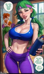 Rule 34 | 3girls, aroma sensei, blue sports bra, blush, body freckles, bottle, braid, breasts, breath, brown hair, caroline (stardew valley), cleavage, commentary, curvy, doorway, dripping, english commentary, exercising, eyelashes, flying sweatdrops, freckles, green eyes, green hair, hand on own hip, head tilt, highres, holding, holding bottle, indoors, large breasts, lips, looking to the side, messy hair, multiple girls, navel, orange hair, outstretched arm, pants, patreon username, ponytail, pov doorway, signature, sitting, smile, speech bubble, sports bra, sportswear, standing, stardew valley, steaming body, stomach, sunlight, sweat, sweatband, talking, tank top, teeth, twintails, weightlifting, wide hips, window, wooden floor, workout clothes, yoga mat, yoga pants