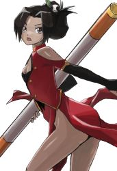 Rule 34 | 1girl, arc system works, black hair, blazblue, blazblue: calamity trigger, brown eyes, china dress, chinese clothes, cosplay, dress, female focus, highres, lao jiu, linhua, litchi faye ling, litchi faye ling (cosplay), open mouth, polearm, short hair, solo, staff, weapon, white background, yan (pixiv704953)