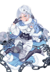 Rule 34 | 1girl, akershus fortress (oshiro project), black footwear, black gloves, blue cape, blue cloak, blue eyes, cape, center frills, chain, cloak, closed mouth, commission, corset, doatobira, fluff, frills, fur-trimmed cape, fur-trimmed cloak, fur trim, gloves, grey hair, hair ornament, highres, looking at viewer, oshiro project:re, oshiro project:re, padded cloak, pants, shirt, skeb commission, skull, white background, white pants, white shirt