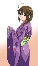 Rule 34 | 1girl, ahoge, alternate costume, blue eyes, blush, braid, brown hair, commentary request, gouta (nagishiro6624), gradient background, hair between eyes, hair flaps, hair ornament, highres, japanese clothes, kantai collection, kimono, long hair, looking at viewer, looking back, obi, purple kimono, sash, shigure (kancolle), shigure kai ni (kancolle), short hair, sidelocks, simple background, single braid, smile, solo, wide sleeves
