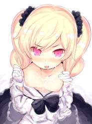 Rule 34 | 1girl, bare shoulders, black bow, black scrunchie, black skirt, blonde hair, blush, bow, breasts, collarbone, cum, cum on body, cum on breasts, cum on upper body, facial, gloves, hair ornament, hair scrunchie, kurasuke, long hair, looking at viewer, nipples, nose blush, original, pink eyes, scrunchie, shirt, skirt, small breasts, solo, tongue, tongue out, twintails, v-shaped eyebrows, white background, white gloves, white shirt