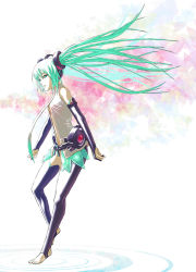 Rule 34 | 1girl, aqua eyes, aqua hair, black thighhighs, breasts, cuboon, detached sleeves, feet, female focus, full body, gradient background, hatsune miku, hatsune miku (append), legs, long hair, necktie, open clothes, open shirt, shirt, sideboob, solo, thighhighs, twintails, very long hair, vocaloid, vocaloid append, white background