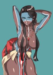 Rule 34 | 1girl, armpits, arms behind head, bad id, bad pixiv id, black hair, blue background, blue eyes, bodypaint, breasts, cleavage, collarbone, dark-skinned female, dark skin, fate/grand order, fate (series), genderswap, genderswap (mtf), geronimo (fate), geronimo (third ascension) (fate), hanging breasts, highres, jewelry, long hair, native american, necklace, rokkotsu, simple background, solo, topless, very long hair