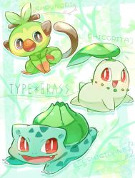 Rule 34 | :d, blush, bright pupils, brown eyes, bulbasaur, character name, chikorita, claws, commentary request, creatures (company), english text, fang, full body, game freak, gen 1 pokemon, gen 2 pokemon, gen 8 pokemon, green background, grookey, highres, ibaraki natou, looking at viewer, looking to the side, monkey, monkey tail, nintendo, no humans, nostrils, open mouth, pokemon, pokemon (creature), red eyes, smile, tail, tongue, white pupils