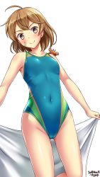 Rule 34 | 1girl, animal, animal on shoulder, antenna hair, artist name, bandaid, bandaid on face, blue one-piece swimsuit, blush, breasts, brown eyes, brown hair, collarbone, competition swimsuit, cowboy shot, crab, dated, hair between eyes, highres, kantai collection, looking at viewer, medium hair, oboro (kancolle), one-piece swimsuit, short hair, simple background, small breasts, smile, solo, standing, swimsuit, towel, tsuchimiya, white background, white towel
