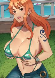 Rule 34 | 1girl, beach, bikini, grabbing another&#039;s breast, breasts, cleavage, denim, globburt, grabbing, highres, jeans, large breasts, long hair, looking at viewer, nami (one piece), navel, ocean, one piece, open mouth, orange hair, pants, sitting, solo, swimsuit, thong bikini, unbuttoned, unzipped, water