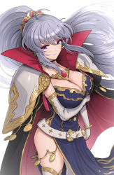 Rule 34 | 1girl, absurdres, ahoge, arm under breasts, armor, belt, black cape, blue dress, bracelet, breasts, cape, cleavage, commentary request, cowboy shot, cross, cross earrings, dress, earrings, elbow gloves, fire emblem, fire emblem: genealogy of the holy war, gloves, gonzarez, grey hair, highres, ishtar (fire emblem), jewelry, large breasts, long hair, looking at viewer, nintendo, pauldrons, ponytail, purple eyes, shoulder armor, side slit, simple background, skindentation, solo, standing, thighhighs, thighs, very long hair, white background, white belt, white gloves