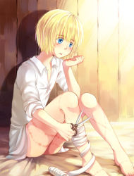 Rule 34 | 10s, 1boy, 2013, armin arlert, bandages, barefoot, bed sheet, blonde hair, blue eyes, blush, bruise, child, dated, feet, highres, indoors, male focus, moxue qianxi, scissors, scratches, shingeki no kyojin, shirt, sitting, solo, toes, tongue, tongue out