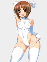 Rule 34 | 10s, 1girl, arm behind head, bare shoulders, blush, breasts, brown eyes, brown hair, contrapposto, covered erect nipples, covered navel, elbow gloves, girls und panzer, gloves, highleg, highleg leotard, leotard, looking at viewer, matching hair/eyes, nishizumi miho, open mouth, ouhashi, see-through, short hair, solo, standing, sweat, thighhighs, turtleneck, white gloves, white leotard, white thighhighs, wide hips