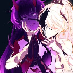 2girls alien_stage black_blood black_gloves blood blood_on_face closed_eyes commentary crying demon_horns derivative_work english_commentary gloves hand_on_another&#039;s_face hand_on_another&#039;s_shoulder high_ponytail honkai_(series) honkai_impact_3rd horns hug hug_from_behind kiana_kaslana kiana_kaslana_(herrscher_of_flamescion) long_hair multiple_girls one_eye_closed own_hands_together ponytail purple_eyes purple_hair raiden_mei raiden_mei_(herrscher_of_thunder) red_horns snailotl upper_body white_gloves white_hair yuri