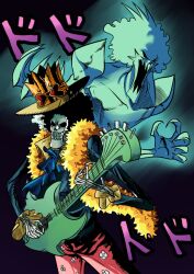 Rule 34 | 1boy, afro, ascot, black hair, blue ascot, brook (one piece), clenched teeth, commentary, crossover, crown hat, electric guitar, english commentary, eyewear on head, ghost, guitar, hat, heart, heart-shaped eyewear, highres, holding, holding guitar, holding instrument, instrument, jojo no kimyou na bouken, male focus, music, one piece, playing guitar, playing instrument, red-tinted eyewear, skeleton, solo, standing, stardust crusaders, teeth, tina fate, tinted eyewear, translation request, yellow-framed eyewear