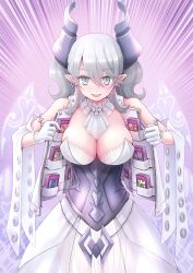 Rule 34 | 1girl, akisame rizu, armored corset, breasts, card, cleavage, demon girl, demon horns, demon wings, dress, duel monster, emphasis lines, grey eyes, grey hair, highres, horns, large breasts, looking at viewer, lovely labrynth of the silver castle, open clothes, open vest, pointy ears, smile, solo, standing, trading card, trap hole, twintails, vest, white dress, wings, yu-gi-oh!