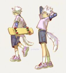 Rule 34 | 1boy, :3, animal ears, arms behind head, blue eyes, cat boy, cat ears, cat tail, chewing gum, closed mouth, commentary, english commentary, from side, holding, holding skateboard, hunter x hunter, killua zoldyck, layered sleeves, long sleeves, looking at viewer, male focus, multiple views, pottetto, shirt, shoes, short hair, short over long sleeves, short sleeves, shorts, signature, simple background, skateboard, smile, sneakers, socks, spiked hair, standing, tail, walking, white background, white hair, white shirt, white socks