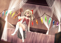 Rule 34 | 1girl, arm support, asymmetrical wings, bare shoulders, bed, bed sheet, bedroom, blonde hair, bow, canopy bed, crossed legs, curtains, flandre scarlet, hair between eyes, hair bow, highres, indoors, kneehighs, legs, lens flare, lingerie, negligee, aged up, on bed, open mouth, puppet, red eyes, short hair, side ponytail, sinkai, sitting, sleepwear, socks, solo, thighs, touhou, underwear, white socks, wings
