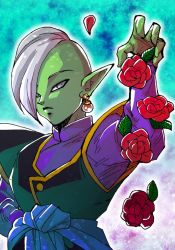 Rule 34 | 10s, 1boy, blue background, colored skin, dragon ball, dragon ball super, earrings, egyptian clothes, expressionless, flower, green skin, grey eyes, jewelry, long sleeves, looking at viewer, male focus, mohawk, outstretched hand, petals, pointy ears, red flower, red rose, rose, serious, shaded face, simple background, white hair, zamasu
