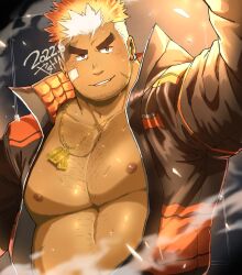 Rule 34 | 1boy, arm up, bandaid, bandaid on cheek, bandaid on face, bara, bare pectorals, black jacket, blonde hair, blush, chest hair, collared jacket, commentary request, dark-skinned male, dark skin, dated, dog tags, facial hair, facial scar, gradient hair, highres, jacket, large pectorals, light, looking at viewer, male focus, mature male, multicolored clothes, multicolored hair, multicolored jacket, muscular, muscular male, navel hair, nipples, open clothes, open jacket, orange hair, orange jacket, parted lips, pectorals, reaching, reaching towards viewer, red eyes, scar, scar on cheek, scar on face, scar on forehead, short hair, signature, smile, smoke, solo, sweat, thick eyebrows, tokyo houkago summoners, two-tone jacket, ulaanbaatar (housamo), upper body, v-shaped eyebrows, yanutorie