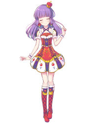 Rule 34 | 1girl, absurdres, aikatsu!, aikatsu! (series), blush, boots, closed mouth, cross-laced footwear, crown, dress, earrings, closed eyes, facing viewer, hand up, head tilt, highres, hikami sumire, jewelry, knee boots, lace-up boots, long hair, makiaato, mini crown, multicolored clothes, multicolored dress, puffy short sleeves, puffy sleeves, purple hair, red footwear, short sleeves, simple background, smile, solo, white background, wrist cuffs