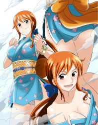 Rule 34 | 1girl, :d, alternate costume, back bow, blue bow, blue kimono, bow, breasts, brown eyes, cherry blossom print, cleavage, closed mouth, collarbone, cowboy shot, floating hair, floral print, hair bow, highres, japanese clothes, kimono, large breasts, long hair, looking at viewer, low ponytail, multiple views, nami (one piece), nami (one piece) (wano), obi, off shoulder, official alternate costume, one piece, open mouth, orange bow, orange hair, panties, pantyshot, print kimono, sarashi, sash, short kimono, shoulder tattoo, sideboob, sleeveless, sleeveless kimono, smile, steam, takaya n, tattoo, thigh gap, underwear, very long hair, white panties, wide hips