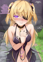 Rule 34 | 1girl, animal collar, bare arms, bare shoulders, black nails, black ribbon, blonde hair, blush, breasts, censored, collar, collarbone, commentary, dress, earrings, english text, eyepatch, fischl (genshin impact), genshin impact, german text, grass, hair ribbon, heart, heart-shaped pupils, highres, holding, holding leash, hoop earrings, hypnosis, jewelry, leash, long hair, looking at viewer, medium breasts, mind control, nail polish, navel piercing, outdoors, piercing, pubic tattoo, pussy, ribbon, smile, solo, symbol-shaped pupils, tattoo, two side up, vahn yourdoom, watermark, web address