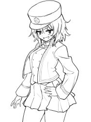Rule 34 | 1girl, andou (girls und panzer), bc freedom (emblem), bc freedom military uniform, blush, cowboy shot, emblem, girls und panzer, greyscale, hand on own hip, hat, high collar, highres, jacket, long sleeves, looking at viewer, medium hair, messy hair, miniskirt, monochrome, open mouth, pleated skirt, shako cap, simple background, skirt, smile, solo, standing, thighs, uasi, vest, white background