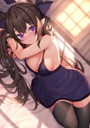 Rule 34 | 1girl, bare arms, bare shoulders, black thighhighs, blush, bow, breasts, brown hair, cleavage, cowboy shot, dress, dutch angle, hair between eyes, hair bow, half updo, highres, himekaidou hatate, indoors, large breasts, long hair, looking at viewer, lying, on side, pointy ears, purple bow, purple dress, purple eyes, short dress, sleeveless, sleeveless dress, solo, spaghetti strap, thighhighs, thighs, touhou, very long hair, window, wowoguni, zettai ryouiki