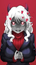 Rule 34 | 1girl, absurdres, alvin (vier), black horns, black suit, blush, breasts, demon girl, demon horns, formal, heart, heart-shaped pupils, helltaker, highres, horns, long sleeves, looking at viewer, modeus (helltaker), red background, red eyes, red sweater, shirt, short hair, solo, suit, sweater, symbol-shaped pupils, tail, turtleneck, white hair